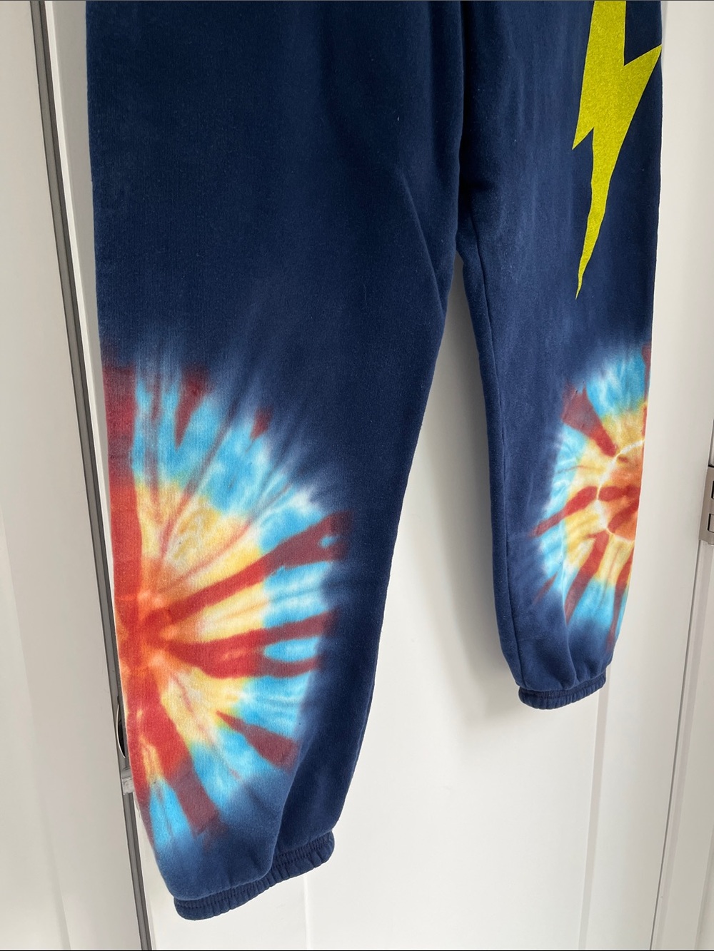 Lauren Moshi Sweatpants Navy Blue Yellow Lighting Bold Tie Dye L - Picture 4 of 6